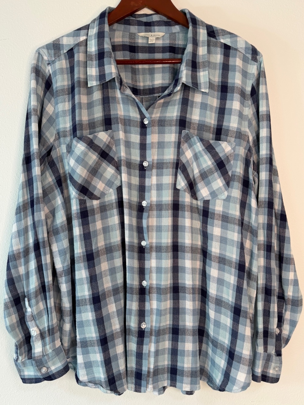 Lucky Brand Blue Plaid Button Front Top XL Lightweight Cottage‎ Prep Pockets